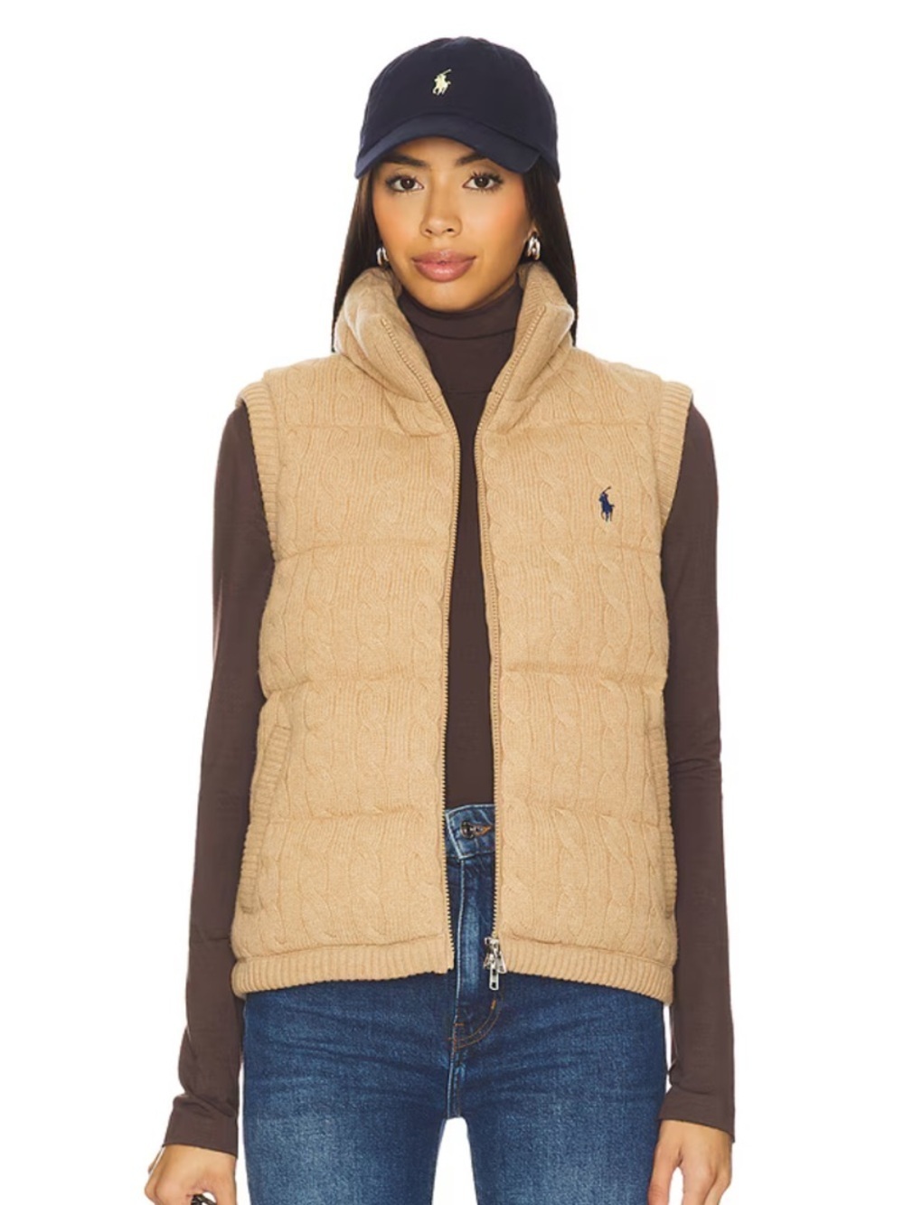 Polo Ralph Lauren Cable Knit Wool Cashmere Quilted Zipper Vest Camel Melange
